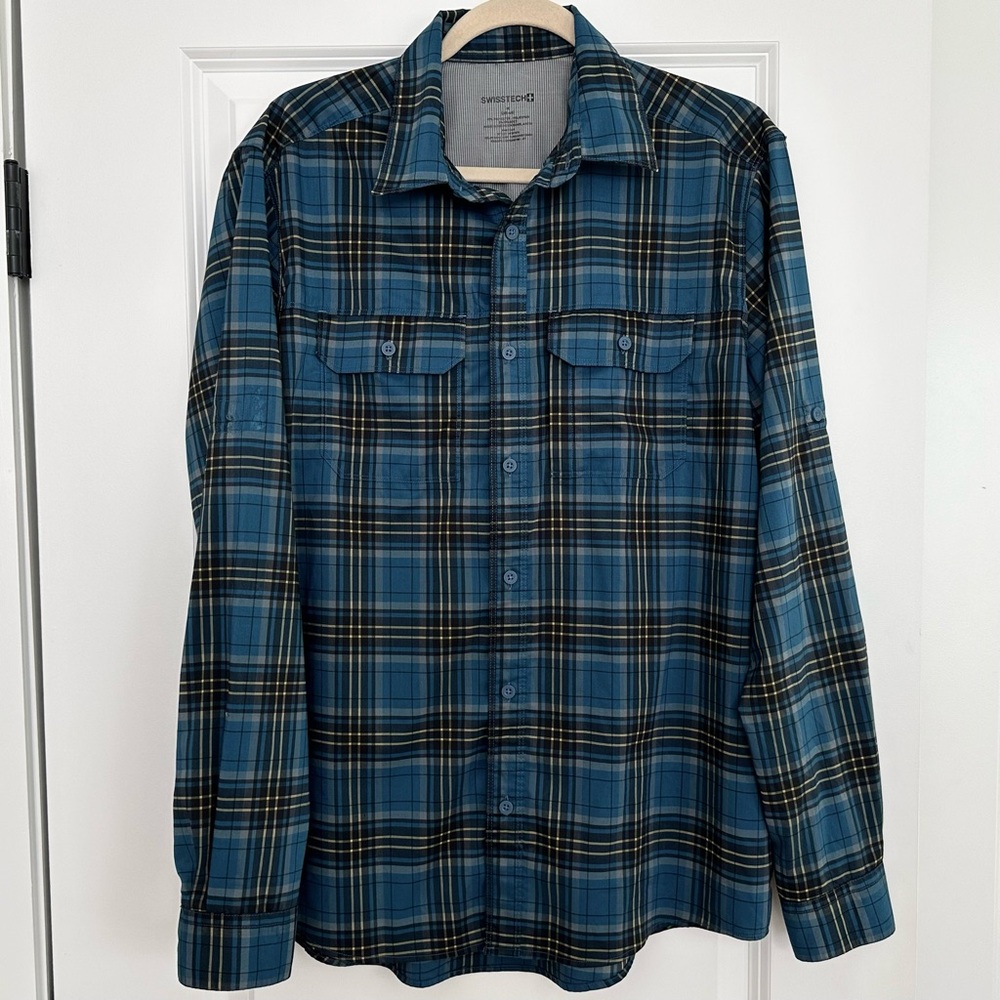 Blue Plaid Moisture Wicking Lightweight Outdoor Hiking / Fishing Button Up Shirt
